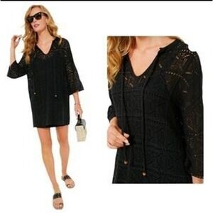 Pomander Place Crochet Swim Cover Up XL Black Boho Lace V-Neck Tie Front